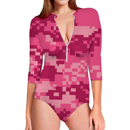 Pink Digital Camo Pattern Print Long Sleeve Swimsuit