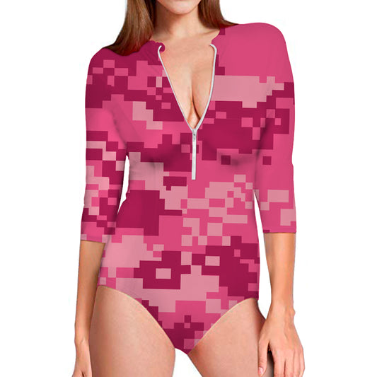 Pink Digital Camo Pattern Print Long Sleeve Swimsuit