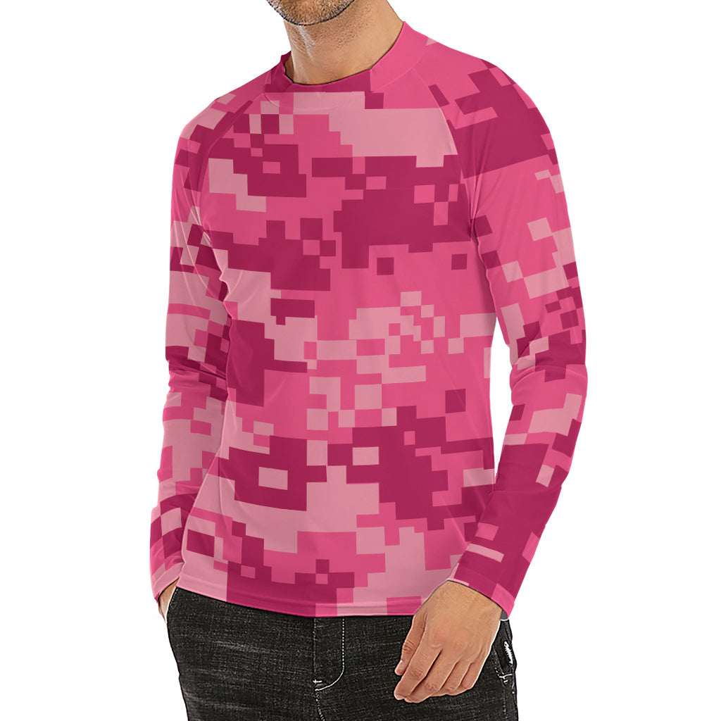 Pink Digital Camo Pattern Print Men's Long Sleeve Rash Guard