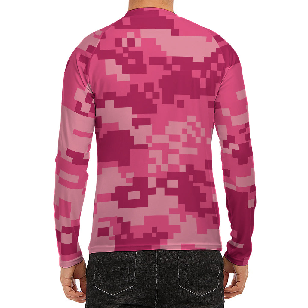 Pink Digital Camo Pattern Print Men's Long Sleeve Rash Guard
