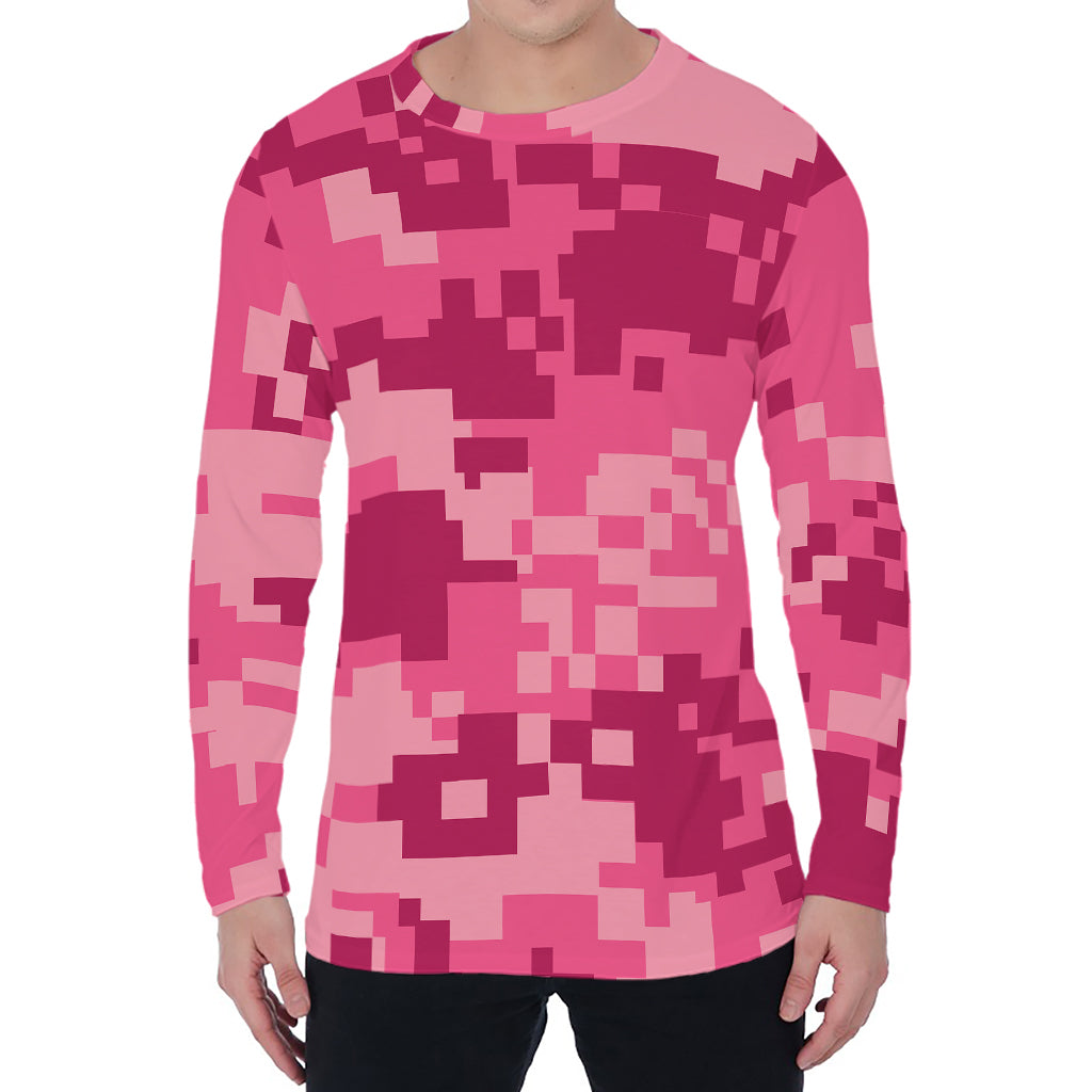 Pink Digital Camo Pattern Print Men's Long Sleeve T-Shirt