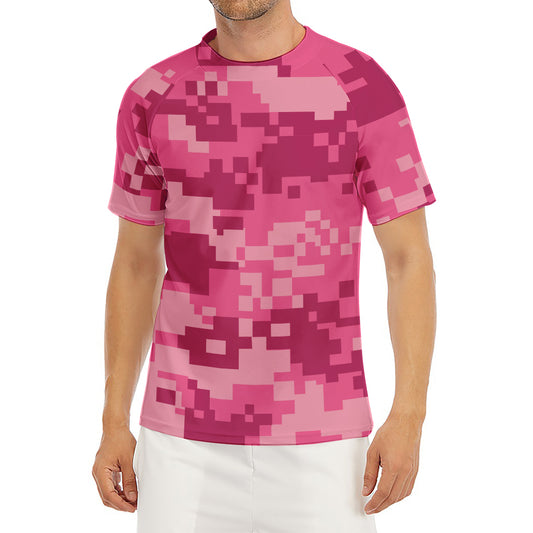 Pink Digital Camo Pattern Print Men's Short Sleeve Rash Guard
