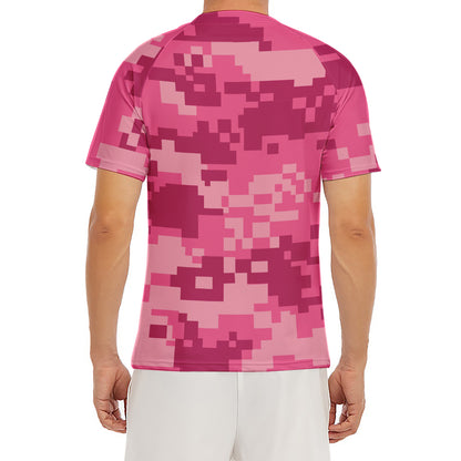 Pink Digital Camo Pattern Print Men's Short Sleeve Rash Guard