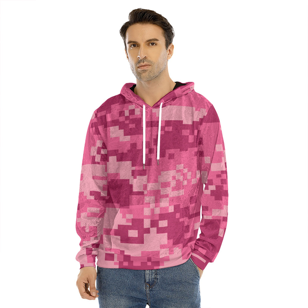 Pink Digital Camo Pattern Print Men's Velvet Pullover Hoodie