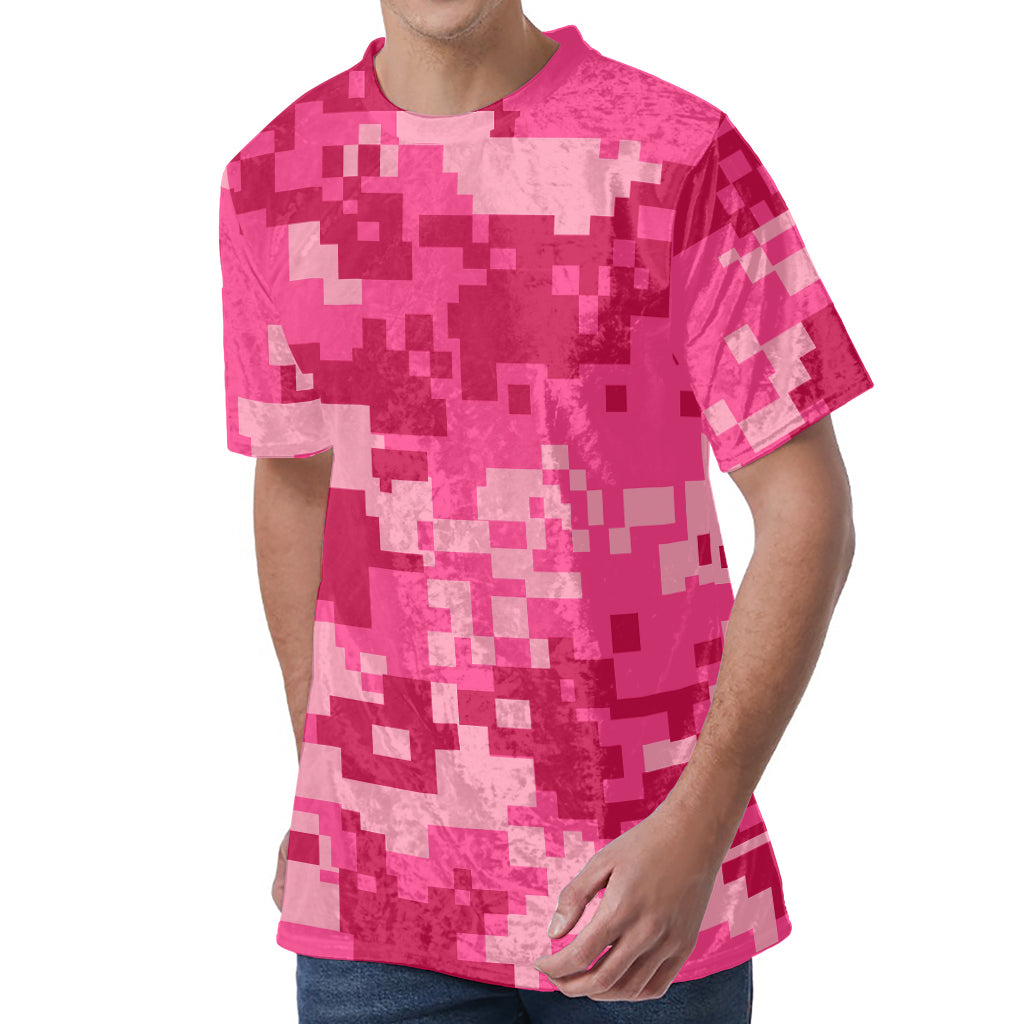 Pink Digital Camo Pattern Print Men's Velvet T-Shirt