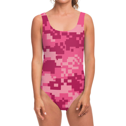 Pink Digital Camo Pattern Print One Piece Swimsuit