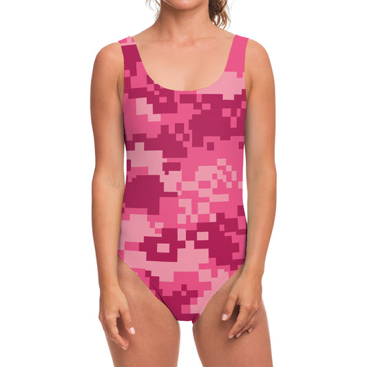 Pink Digital Camo Pattern Print One Piece Swimsuit