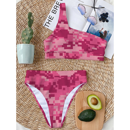 Pink Digital Camo Pattern Print One Shoulder Bikini Top