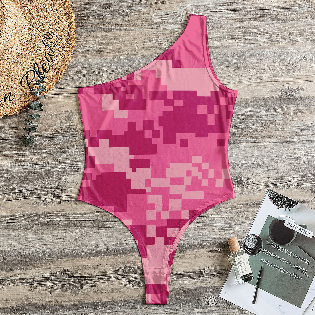 Pink Digital Camo Pattern Print One Shoulder Bodysuit