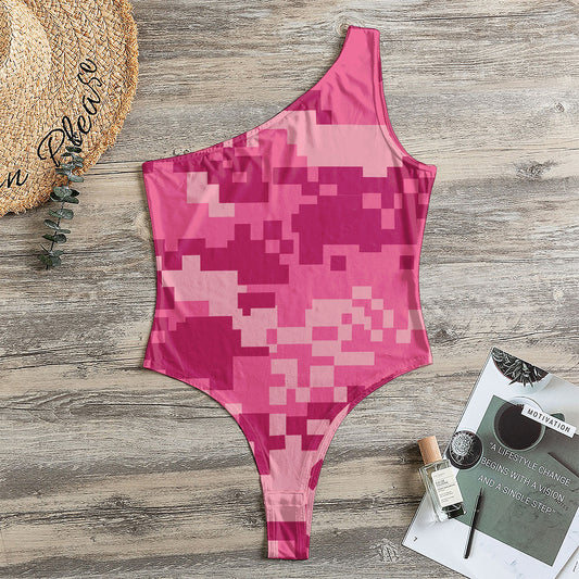Pink Digital Camo Pattern Print One Shoulder Bodysuit