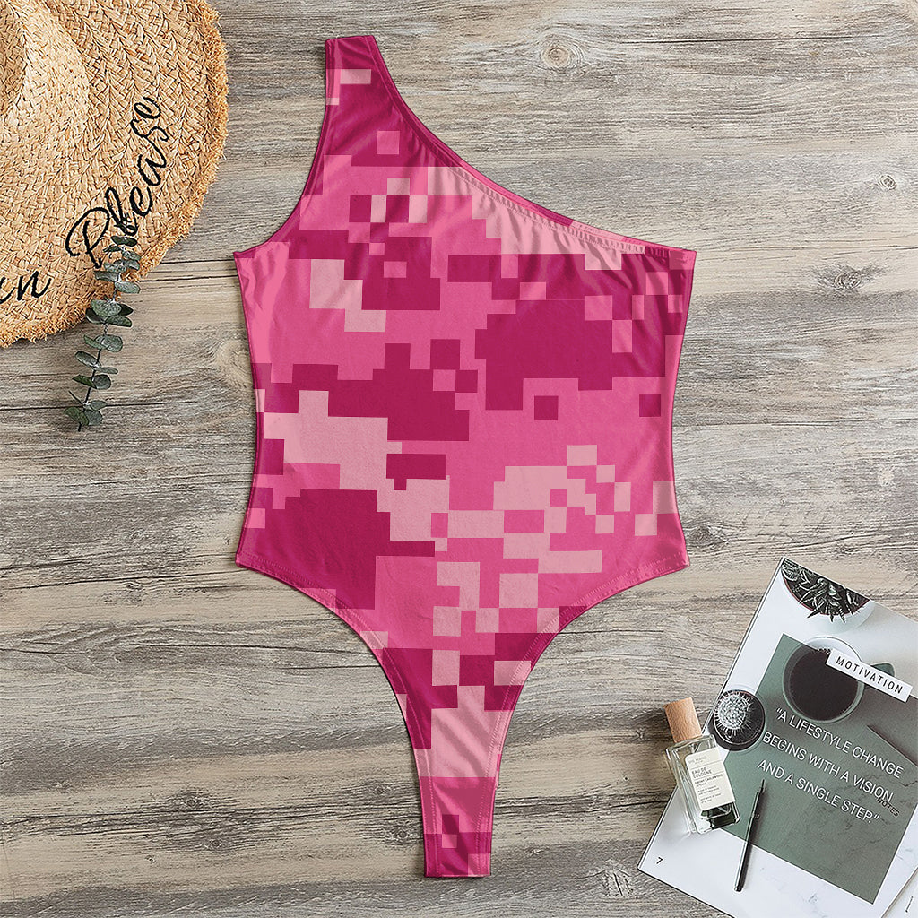 Pink Digital Camo Pattern Print One Shoulder Bodysuit