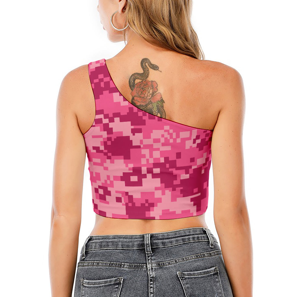 Pink Digital Camo Pattern Print One Shoulder Crop Top