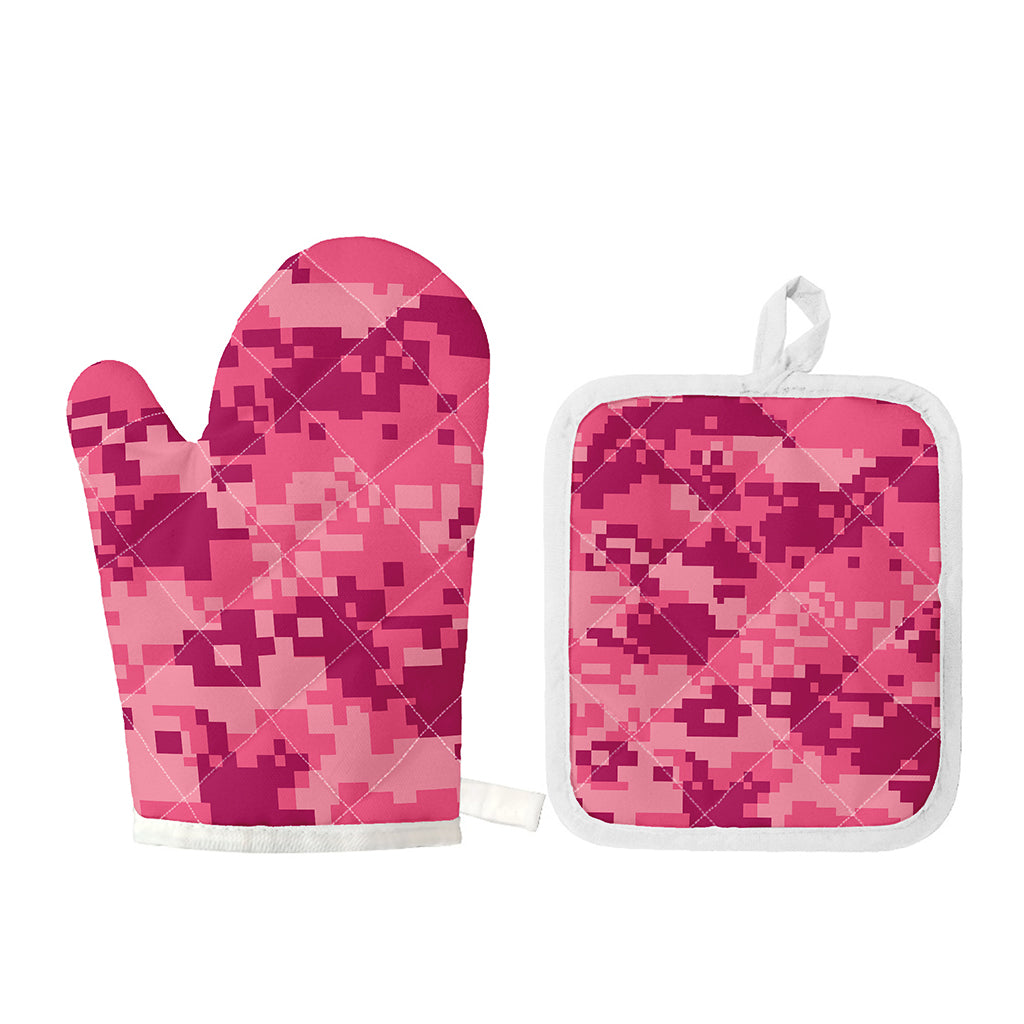 Pink Digital Camo Pattern Print Oven Mitt And Pot Holder Set