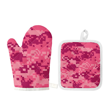 Pink Digital Camo Pattern Print Oven Mitt And Pot Holder Set