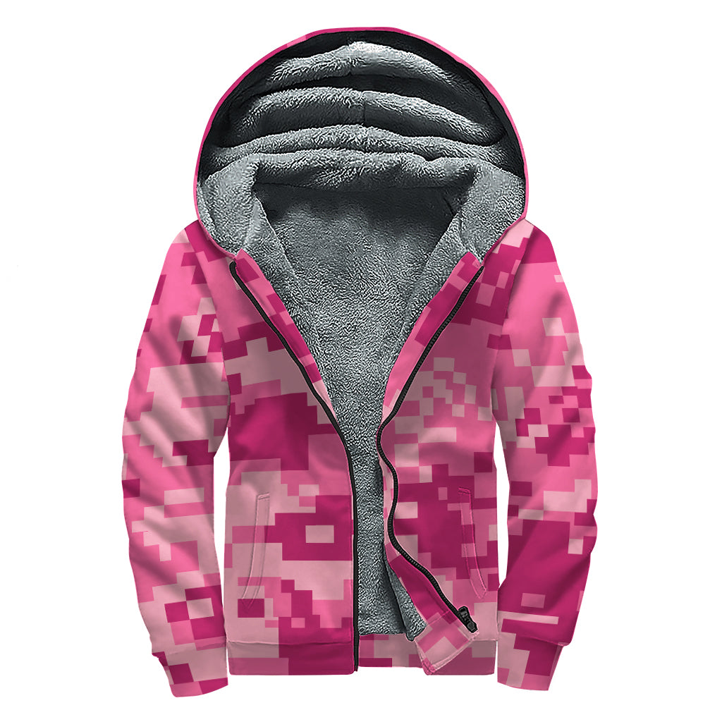 Pink Digital Camo Pattern Print Sherpa Lined Zip Up Hoodie