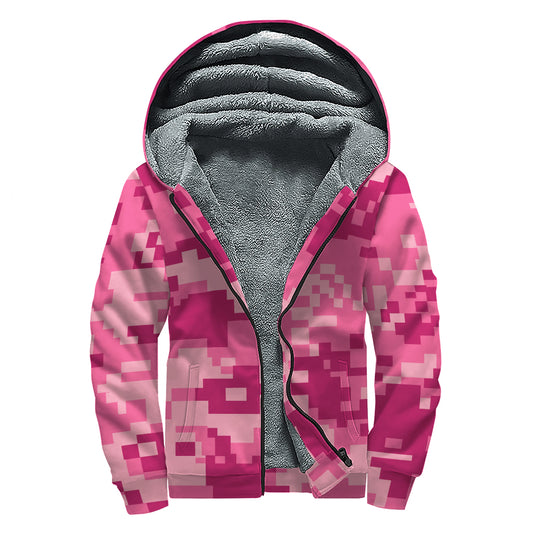 Pink Digital Camo Pattern Print Sherpa Lined Zip Up Hoodie