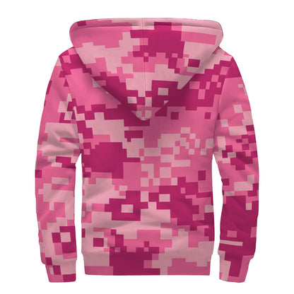 Pink Digital Camo Pattern Print Sherpa Lined Zip Up Hoodie