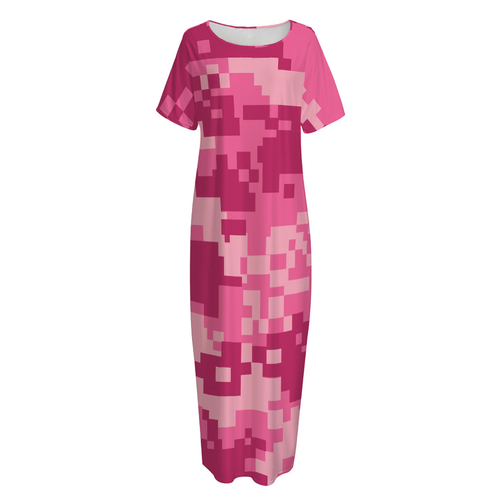 Pink Digital Camo Pattern Print Short Sleeve Long Nightdress
