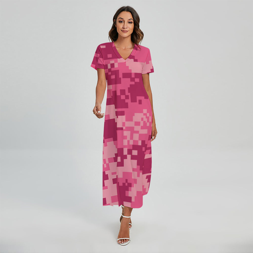 Pink Digital Camo Pattern Print Short Sleeve Maxi Dress