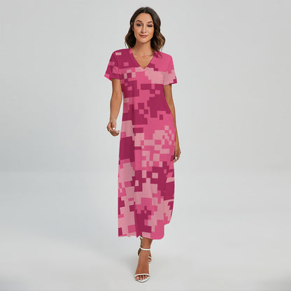 Pink Digital Camo Pattern Print Short Sleeve Maxi Dress