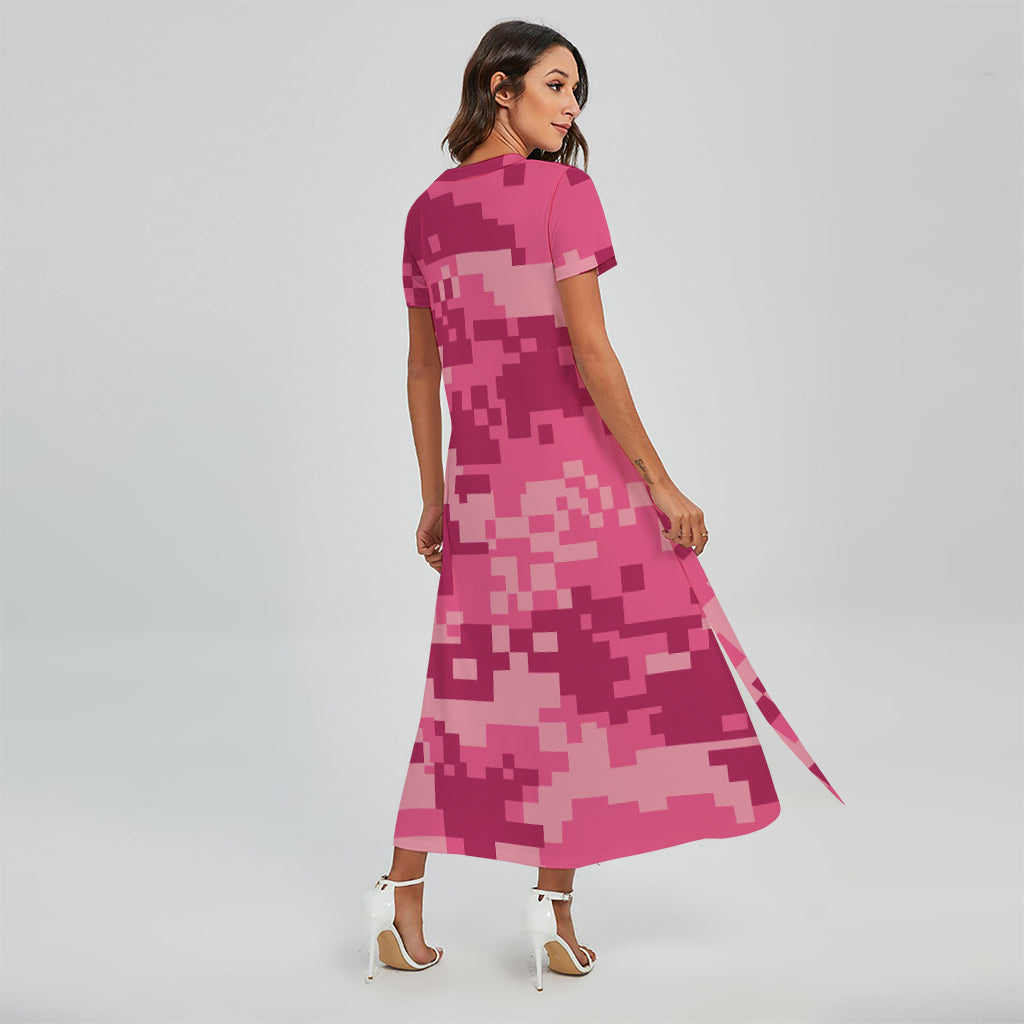Pink Digital Camo Pattern Print Short Sleeve Maxi Dress