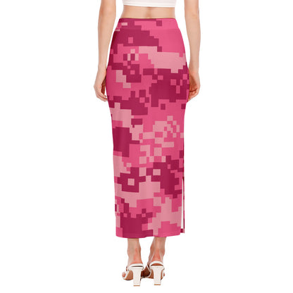 Pink Digital Camo Pattern Print Side Slit Maxi Skirt