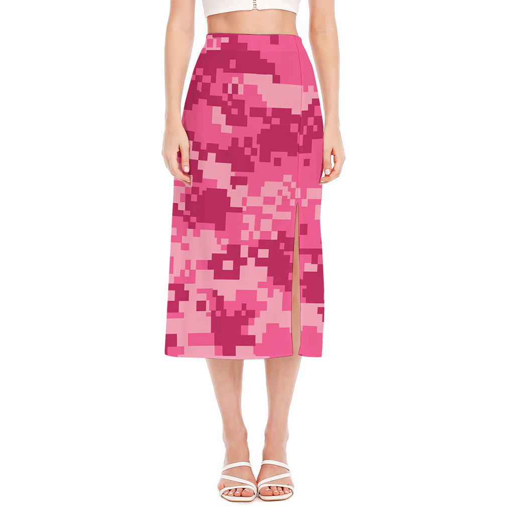 Pink Digital Camo Pattern Print Side Slit Midi Skirt