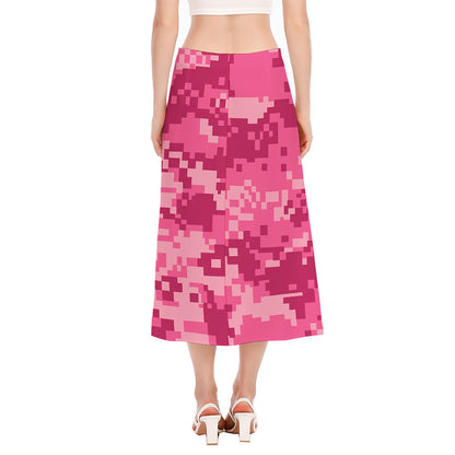 Pink Digital Camo Pattern Print Side Slit Midi Skirt