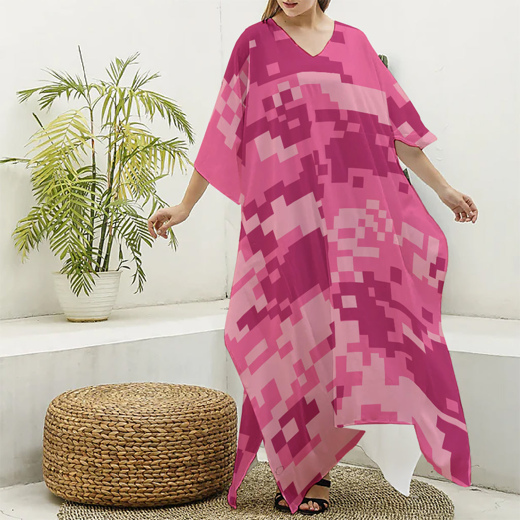 Pink Digital Camo Pattern Print Silk V-Neck Kaftan Dress
