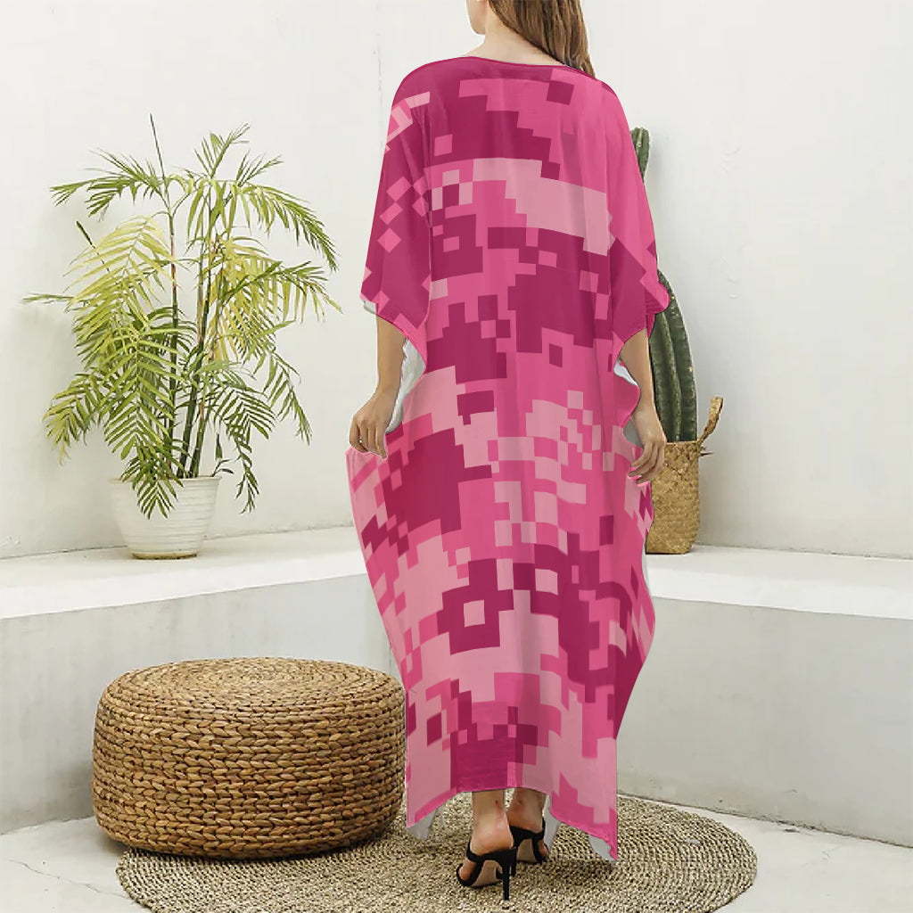 Pink Digital Camo Pattern Print Silk V-Neck Kaftan Dress