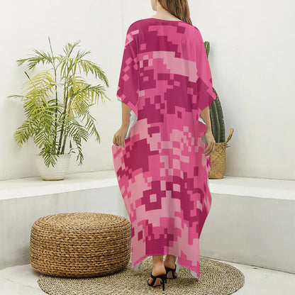 Pink Digital Camo Pattern Print Silk V-Neck Kaftan Dress
