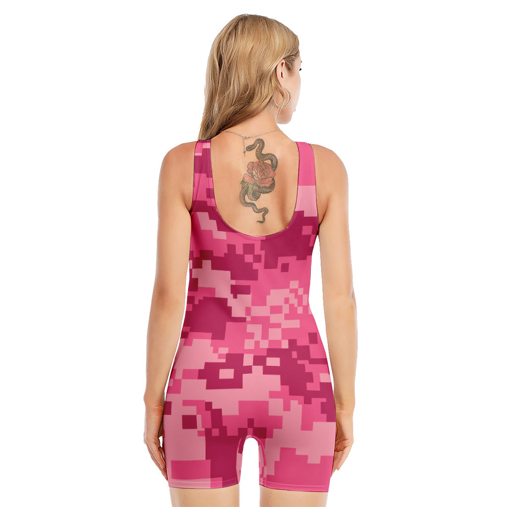 Pink Digital Camo Pattern Print Sleeveless One Piece Swimsuit