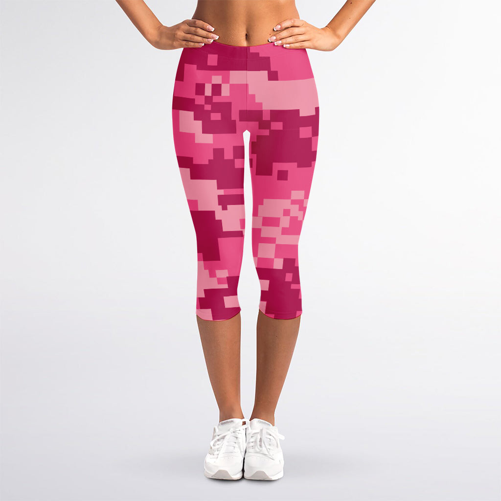 Pink Digital Camo Pattern Print Women's Capri Leggings