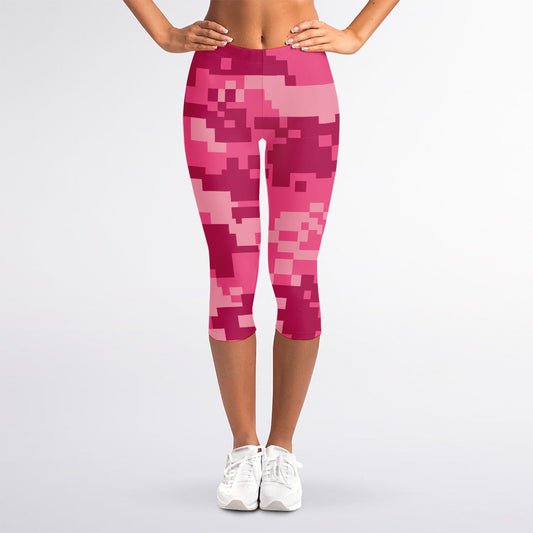 Pink Digital Camo Pattern Print Women's Capri Leggings
