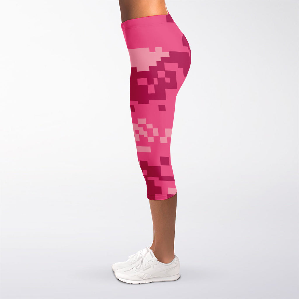 Pink Digital Camo Pattern Print Women's Capri Leggings