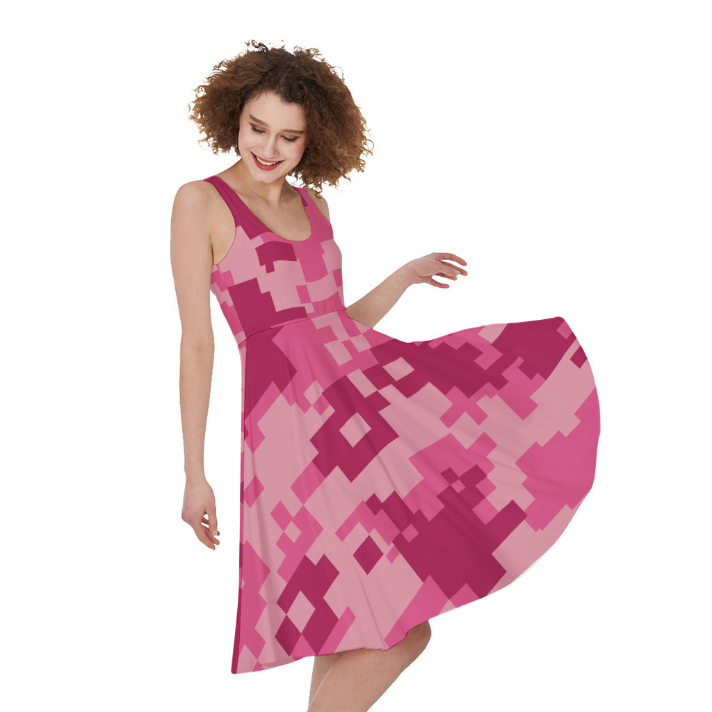 Pink Digital Camo Pattern Print Women's Sleeveless Dress