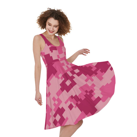 Pink Digital Camo Pattern Print Women's Sleeveless Dress