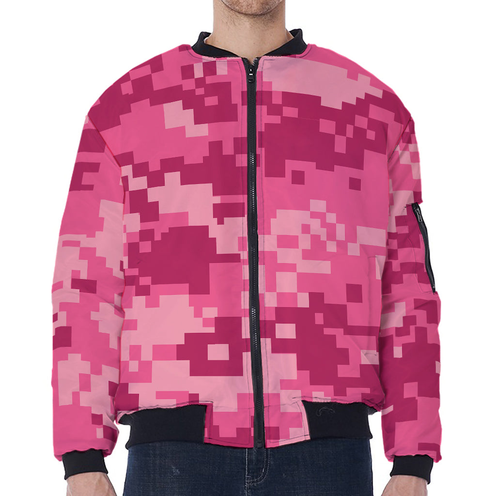 Pink Digital Camo Pattern Print Zip Sleeve Bomber Jacket