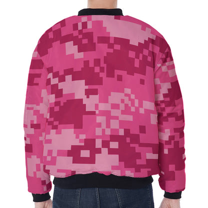 Pink Digital Camo Pattern Print Zip Sleeve Bomber Jacket