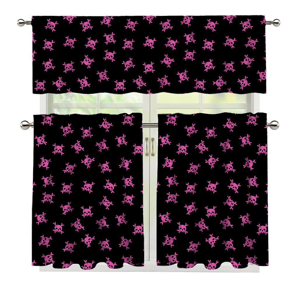Pink Emo Skull Pattern Print 3 Piece Kitchen Curtains