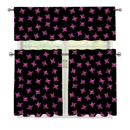 Pink Emo Skull Pattern Print 3 Piece Kitchen Curtains