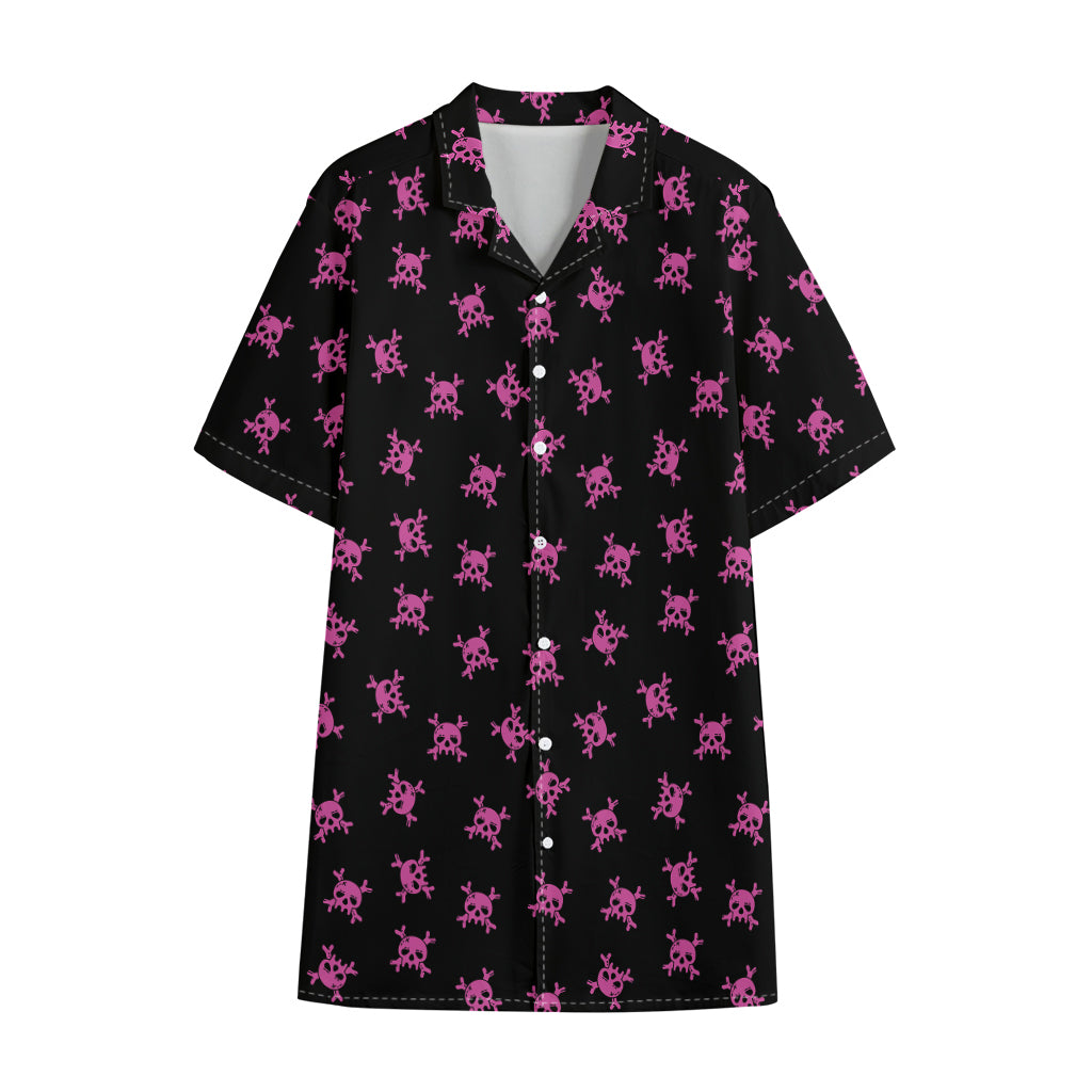 Pink Emo Skull Pattern Print Cotton Hawaiian Shirt