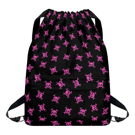 Pink Emo Skull Pattern Print Drawstring Backpack