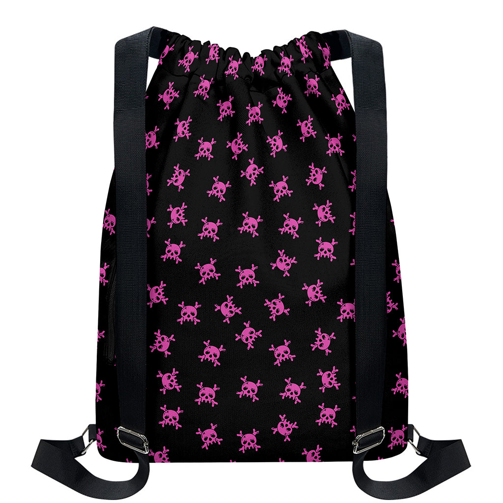 Pink Emo Skull Pattern Print Drawstring Backpack