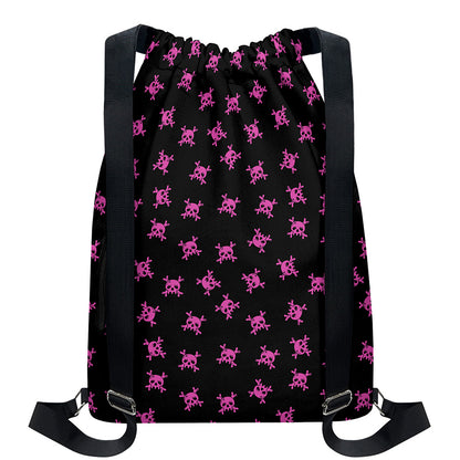Pink Emo Skull Pattern Print Drawstring Backpack
