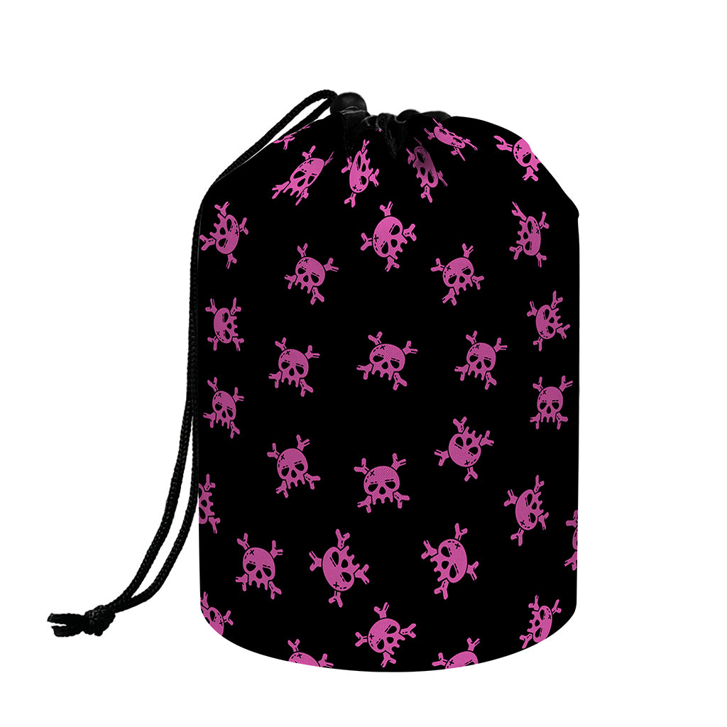 Pink Emo Skull Pattern Print Drawstring Makeup Bag