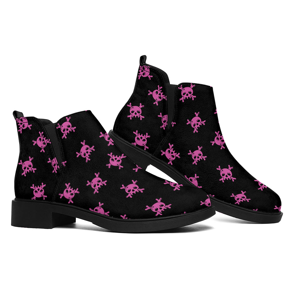 Pink Emo Skull Pattern Print Flat Ankle Boots