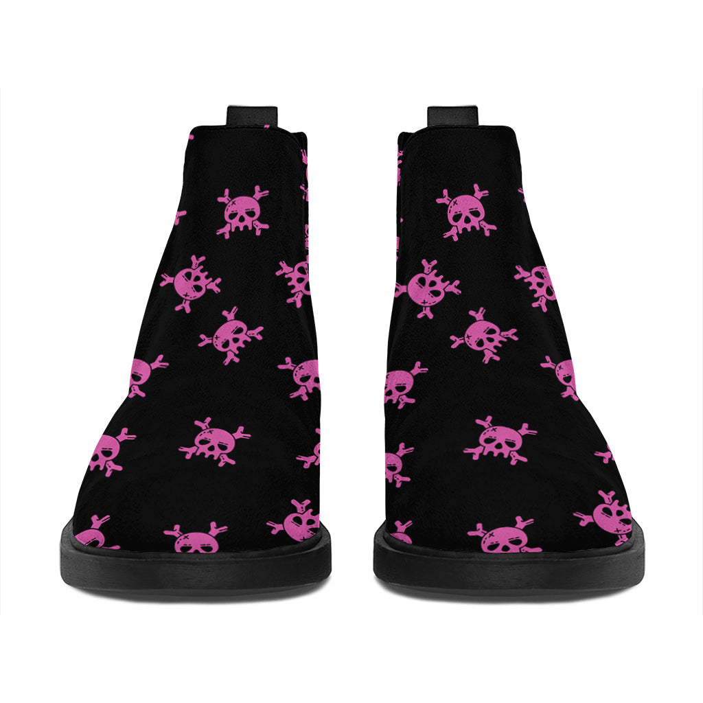 Pink Emo Skull Pattern Print Flat Ankle Boots