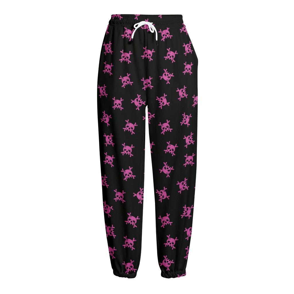 Pink Emo Skull Pattern Print Fleece Lined Knit Pants