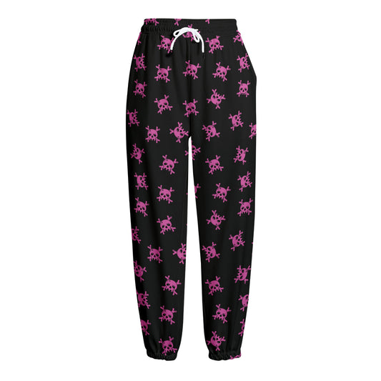 Pink Emo Skull Pattern Print Fleece Lined Knit Pants